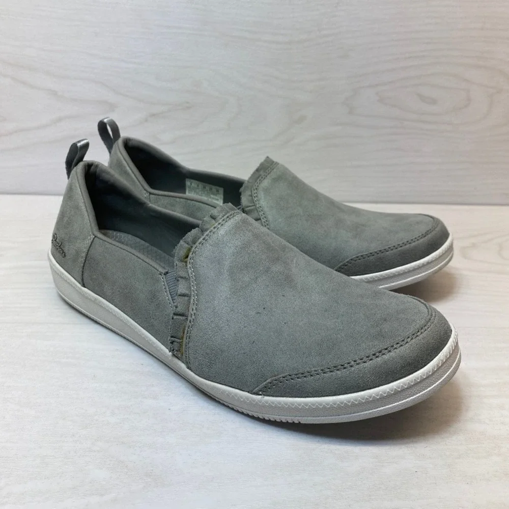 Skechers Womens 9 Slip On Shoes Ruffle Grey Textile Air Cooled Memory Foam 23980